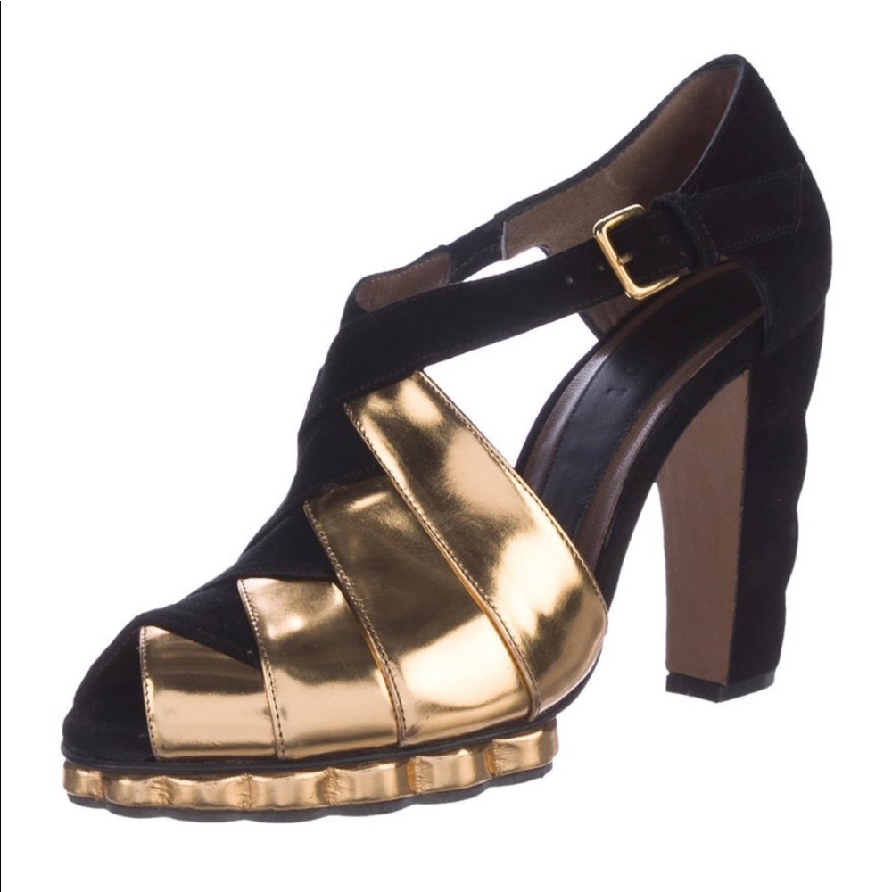 MARNI black and gold suede peep toe pumps